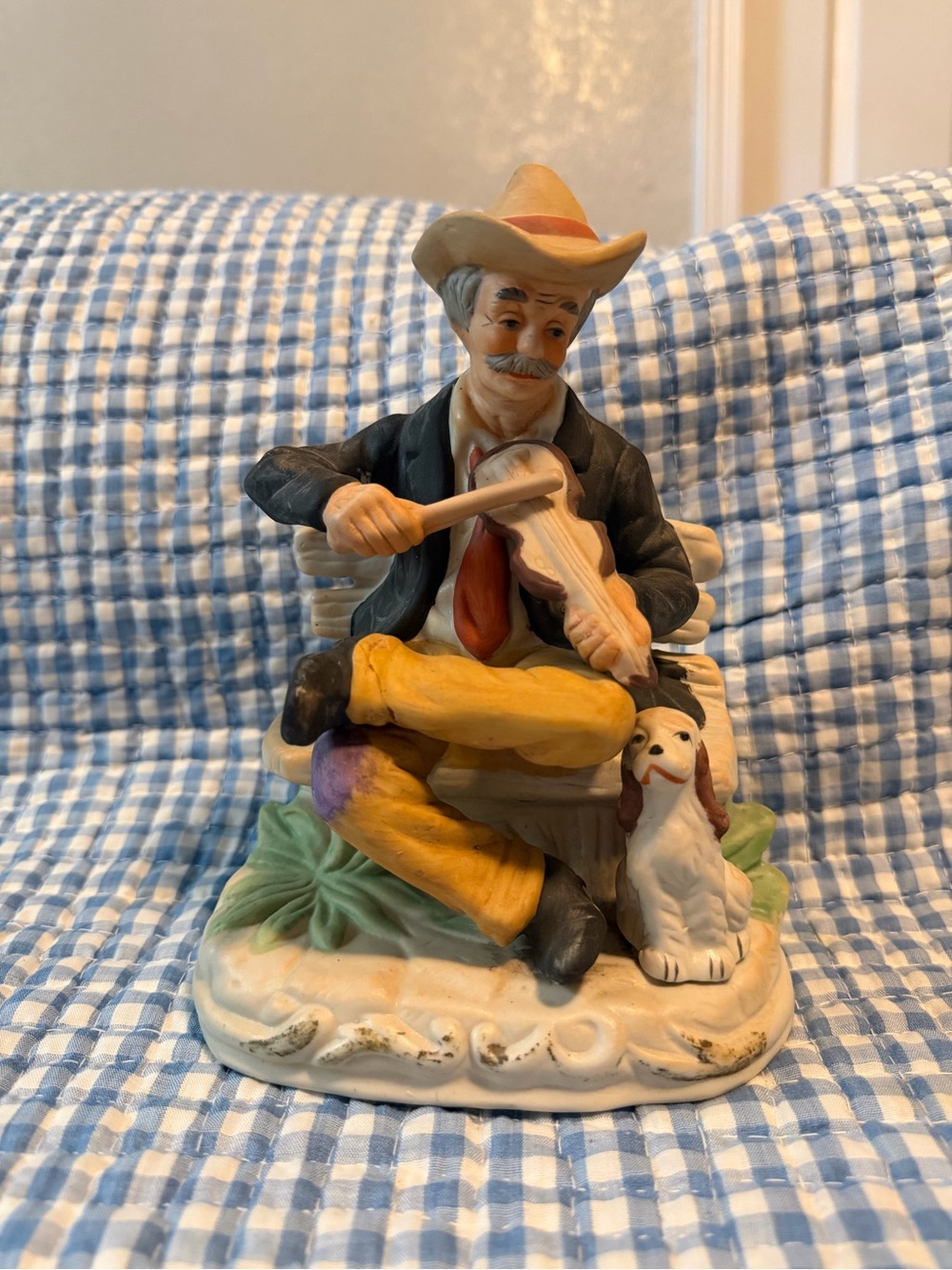 Ceramic Multicolor Man Playing Violin Figurine w/ Dog on Bench